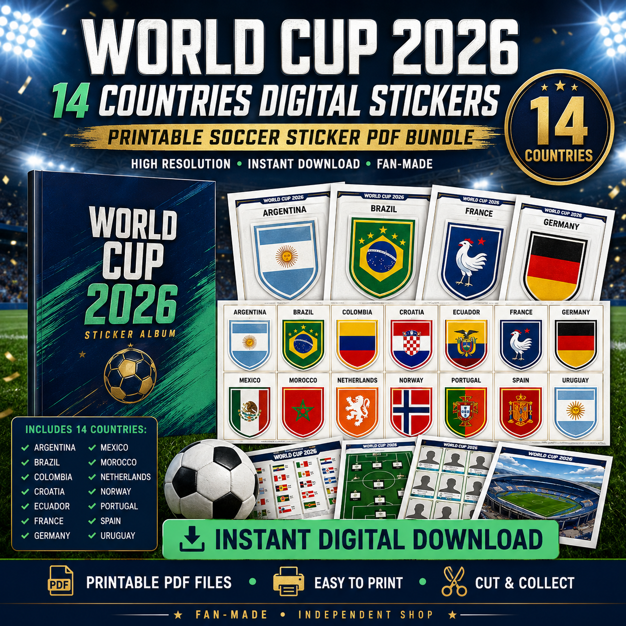 14 Countries Digital Soccer Stickers PDF